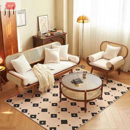 藤编实木沙发原木复古办公室客厅家用休闲藤编椅三人小户型沙发