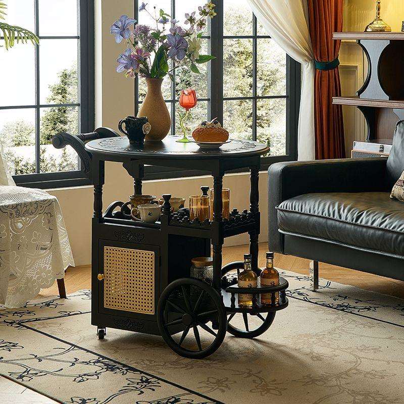 法式中古风可移动小边几美式复古推车茶几折叠茶台餐车家用小茶车