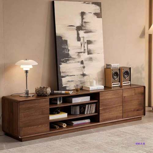 全实木电视柜北美黑胡桃木客厅中古视听柜原木现代简约收纳储物柜
