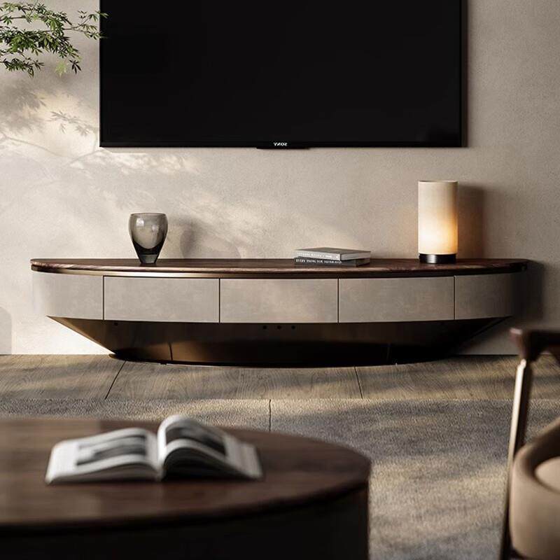 意式轻奢北美黑胡桃木电视柜高端别墅大平层设计师天然大理石地柜