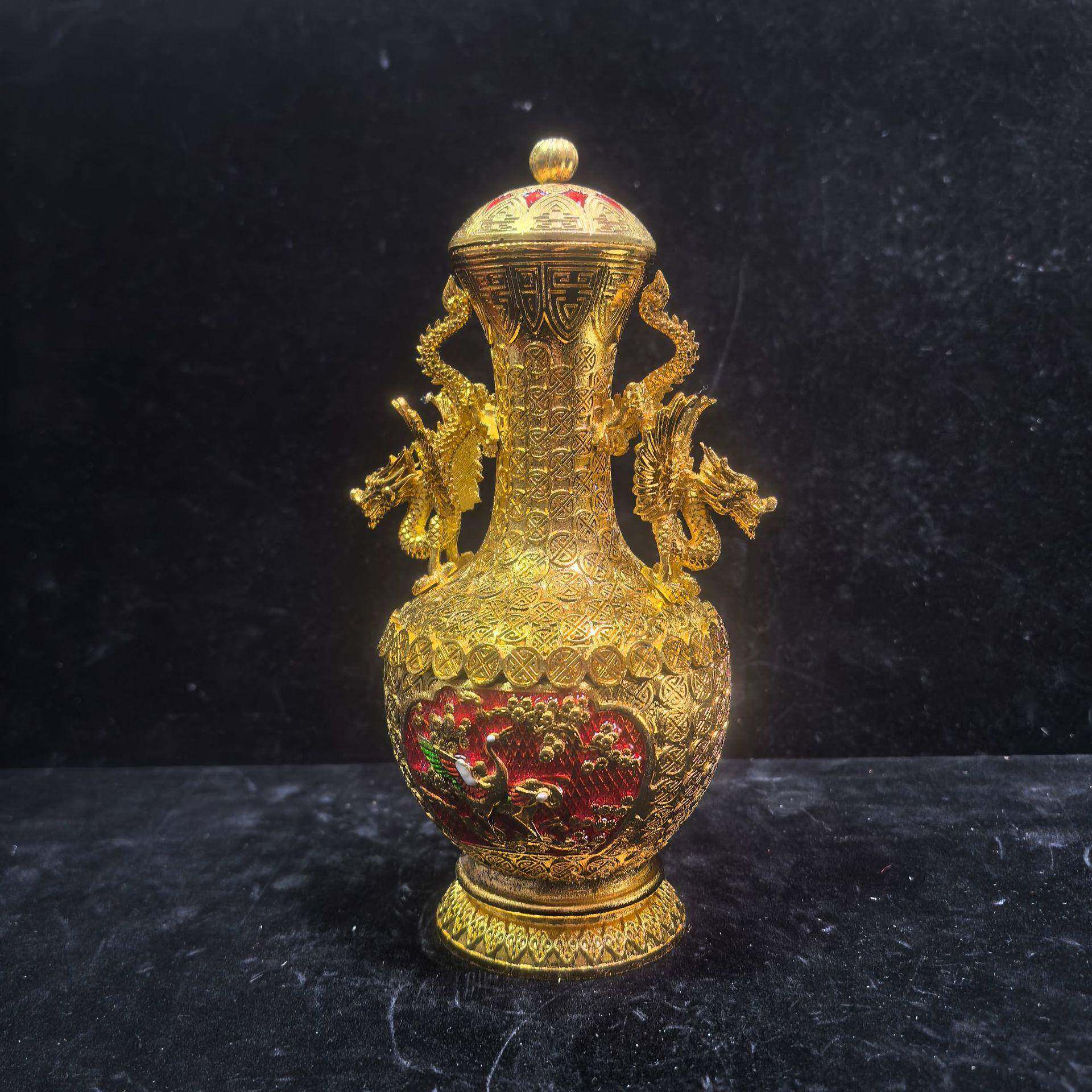 杂项仿古做旧纯铜鎏金双龙耳玄关摆件树脂金色花瓶摆设工艺品