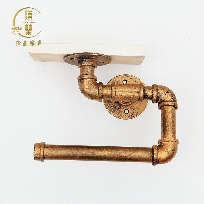 跨境北欧铁艺水管壁挂上墙复古纸巾架毛巾架实木搁板壁挂架浴室置