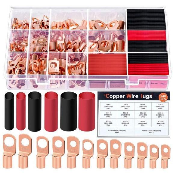 跨境240pcs窥口铜管端子SC端子110PCS+130PCS铜鼻子热缩管金色