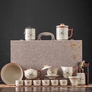 家用中式 高档整套汝窑功夫茶具套装 办公室会客盖碗泡茶壶茶杯礼盒