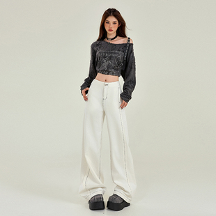 【老板痛哭】APS秋冬新款美式米白色明线分割宽松直筒阔腿牛仔裤d