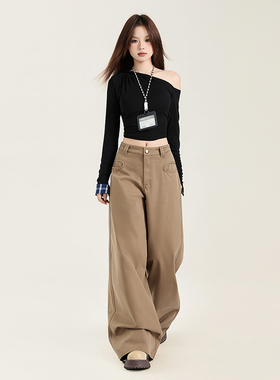 APS新款美拉德穿搭休闲裤女宽松直筒垂感潮流拖地阔腿裤