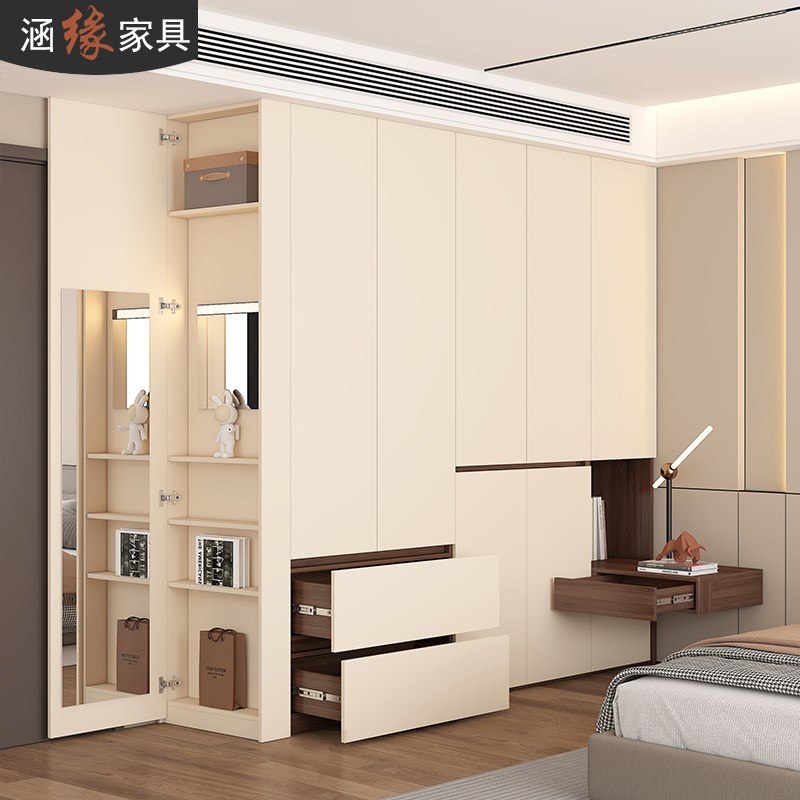 定制奶油风转角衣柜床头柜一体卧室家用大衣橱组合收纳储物柜7A62