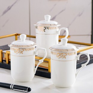 轻奢骨瓷会议杯茶家用创意水杯韩式 10个装 奶杯金边陶瓷定制办公杯