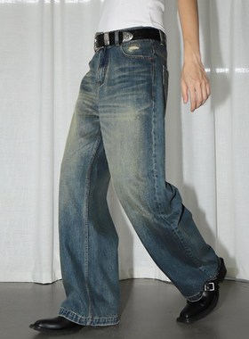 LEONSENSE力上司 新款纯棉复古怀旧水洗中性风A型牛仔裤长裤百搭