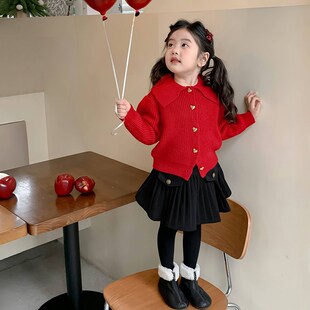 女童秋冬套装2025新款儿童红色毛衣新年衣服洋气宝宝百褶裙两件套