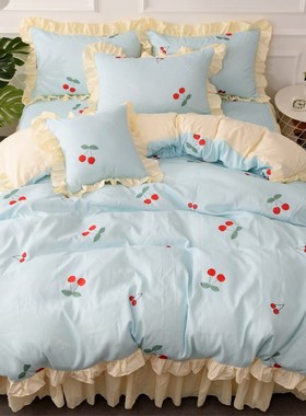 天蓝色公主风床裙4四件套少女心柔软透气助眠床品双人床单被套夏