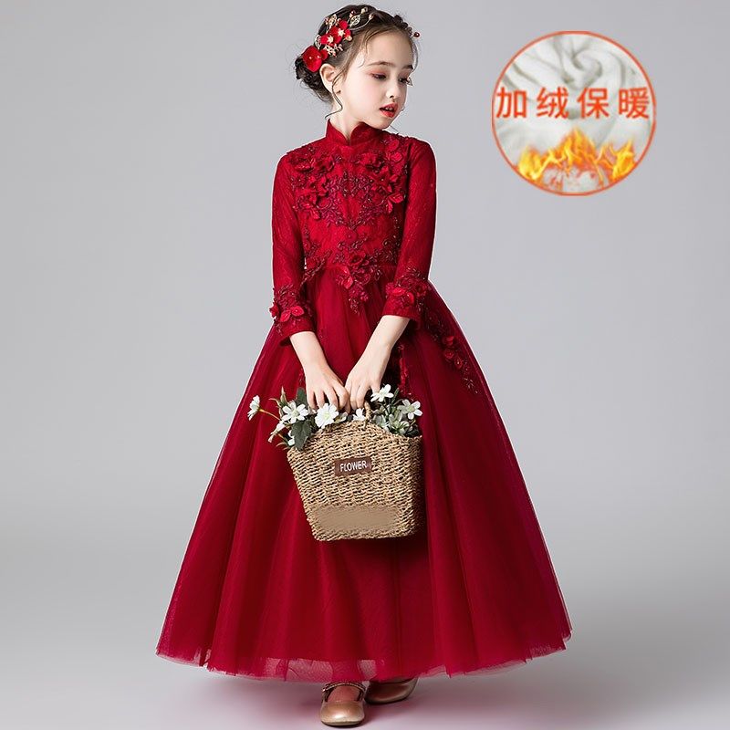 女童礼服主持人生日钢琴公主裙花童婚纱儿童红色气质演出服秋冬季