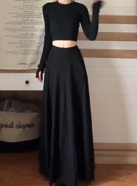 春季新款黑色伯克利半裙女大码显瘦遮肚a字到脚踝半身超长裙子潮