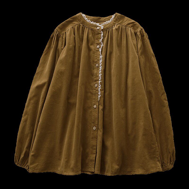 法式甜美花边立领纯棉灯芯绒娃娃衫女秋冬新款宽松长袖衬衫打底衫