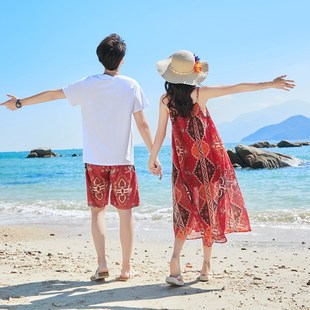 亲子装海边度假沙滩裙一家三口母女装大码显瘦吊带连衣裙长裙三亚