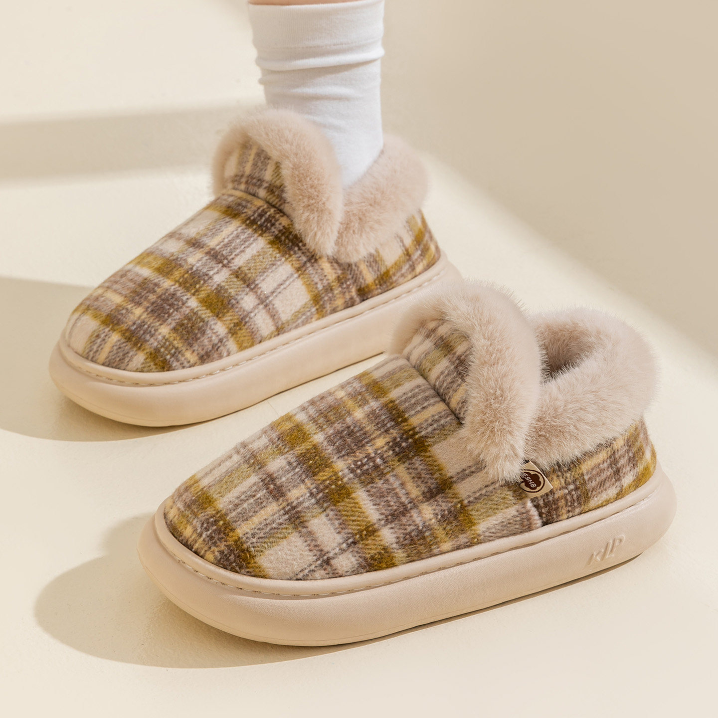 格子棉拖鞋女冬季全包跟2025新款外穿室内厚底防滑加绒保暖棉鞋男