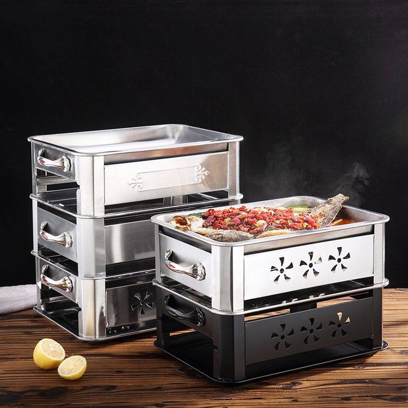 加厚不锈钢烤鱼炉子碳烤炉架酒精炉木炭两用长方形商用家用烤鱼盘