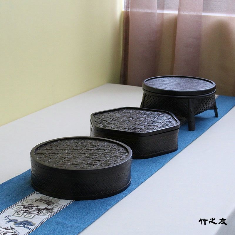 竹编纯手工家用收纳茶具盒茶叶包带盖中式复古编织竹制品圆形有盖