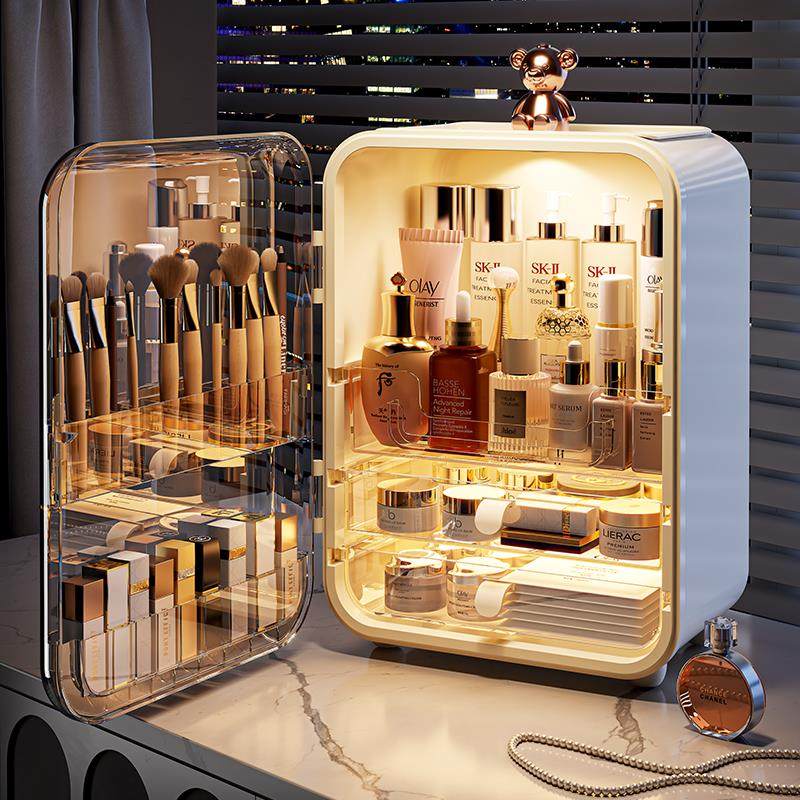 化妆品收纳盒2025新款桌面大容量收纳箱带灯防尘口红护肤品置物架