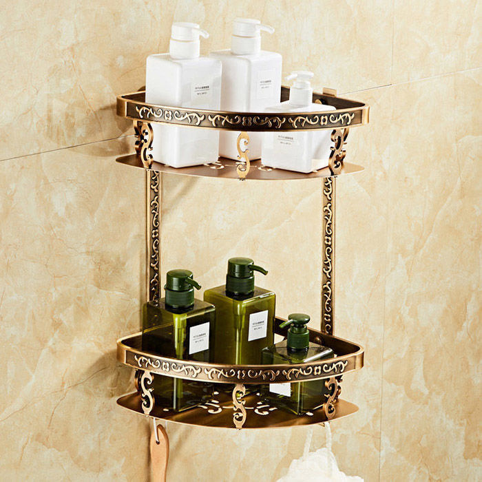 仿古浴室三角篮墙角卫生间厕所双层洗澡置物架欧式太空铝角篮