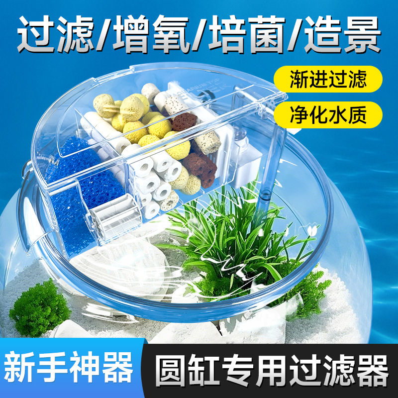 圆缸圆形鱼缸过滤器循环系统增氧过滤一体桌面缸上置球形过滤培菌