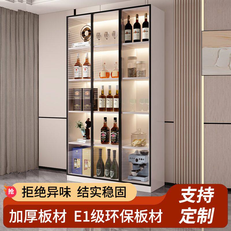 落地餐边柜靠墙储物柜现代简约家用厨房一体橱柜透明玻璃门展示柜