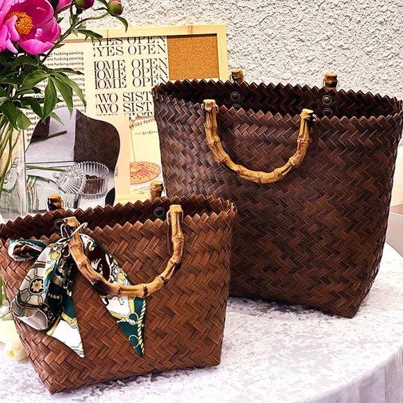 藤编手提包大容量草编包竹节包女复古丝巾手工编织包百搭菜篮子包