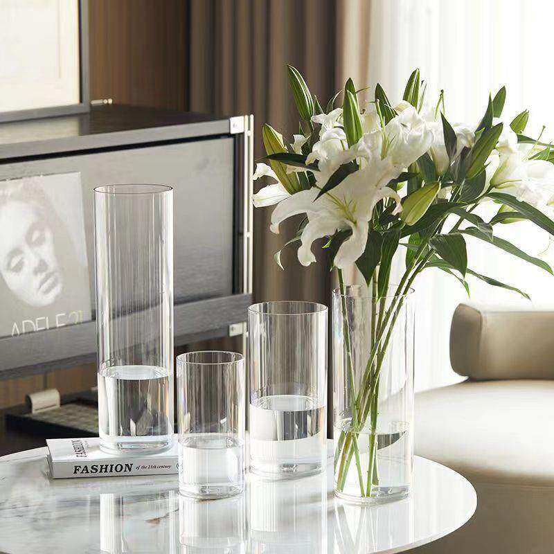 新款亚克力透明养花瓶水养水培插花透明直桶鲜花落地养花桶直圆桶
