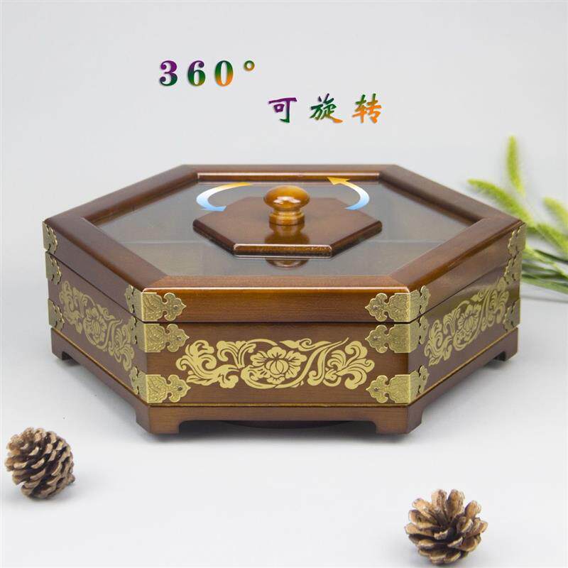 实木双层分格带盖家用客厅结婚零食瓜子坚果盘中式可旋转干果盒子