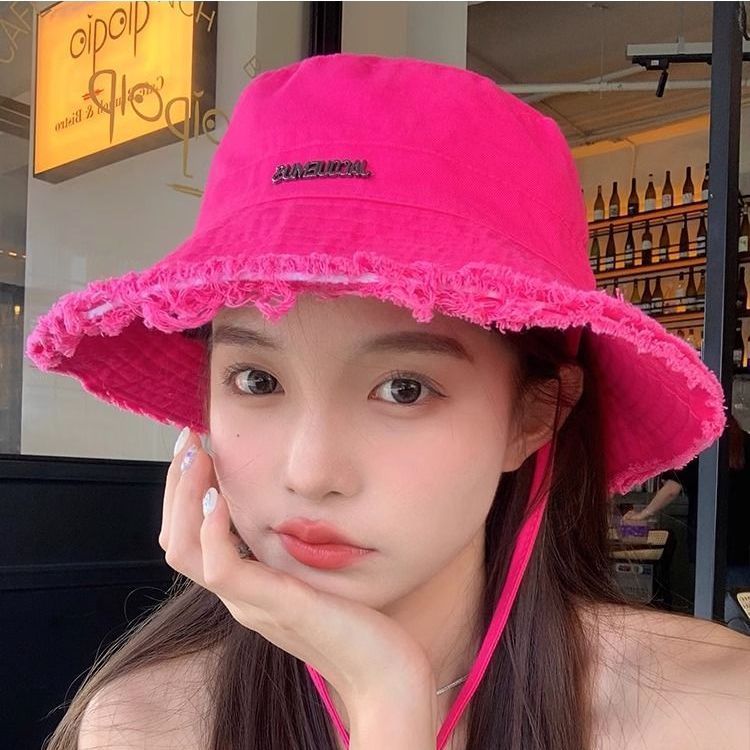 2024春夏新款-夏日多巴胺粉色毛边登山帽防晒遮阳渔夫帽太阳帽女