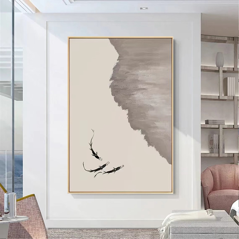 手工装饰画新中式手绘鱼入户玄关挂画客厅餐厅油画肌理画浮雕定制图片