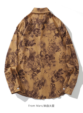From Mars蛛丝马迹不放过 国潮复古旧迹满印做旧黄色翻领长袖衬衫