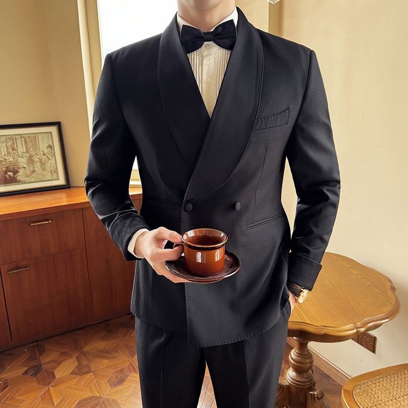 新中式国风西服套装男春季青果领西装外套新郎结婚宴会礼服两件套