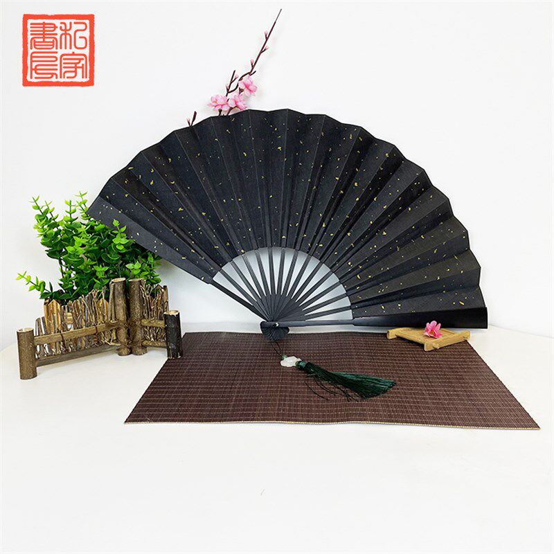 黑面折扇  黑绢布洒金扇子平板空白扇面带吊坠扇坠工艺扇中国风