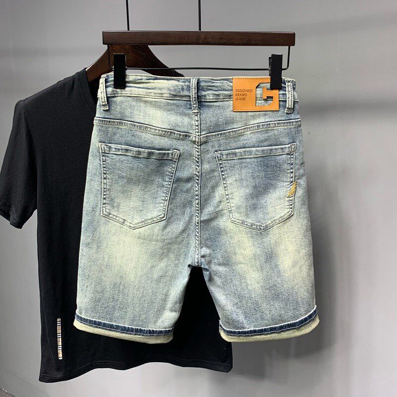 夏季牛仔短裤男薄款浅蓝色复古修身中裤简约弹力休闲百搭五分裤子