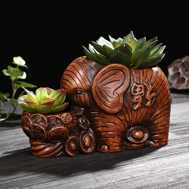 陶瓷大象花盆个性创意连体双筒复古双口大中小室内盆栽盆景专用盆