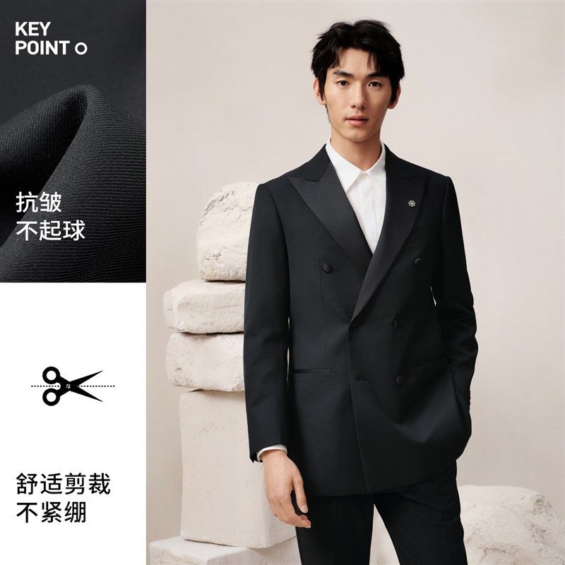 【塔士多】吉约蒙羊毛双排扣西装男套装黑色新郎结婚礼服高级西服