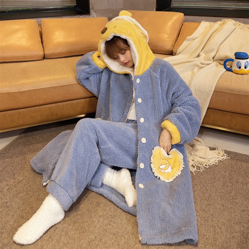 睡衣女加厚款珊瑚绒睡袍秋冬季长版两件式套装可爱冬天法兰绒家居