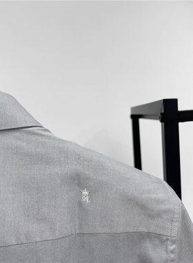 DH男装夏季男士修身七分袖小方领衬衫 纯棉中袖烟灰色小绣花衬衣