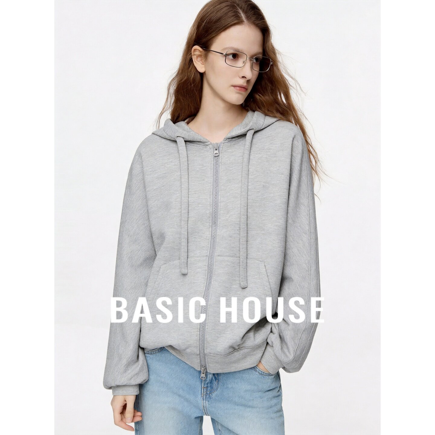Basic House/百家好新款连帽拉链卫衣女宽松休闲灰色开衫外套秋季