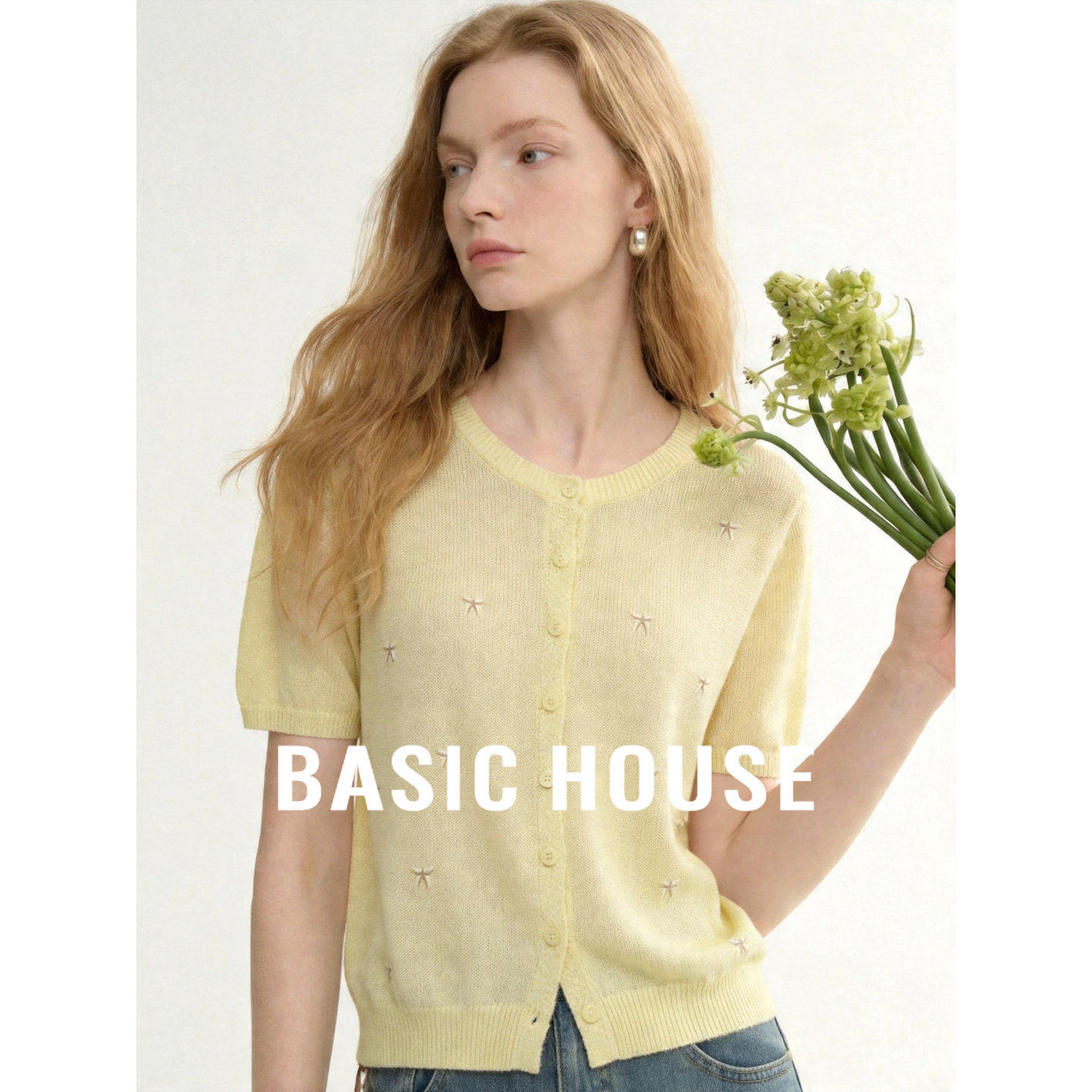 Basic House/百家好棉质花卉纽扣短袖针织开衫女夏薄款上衣百搭