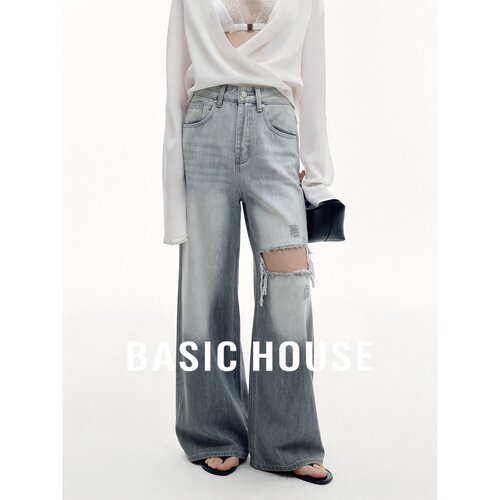 Basic House/百家好时尚复古破洞阔腿牛仔裤女宽松休闲百搭长裤