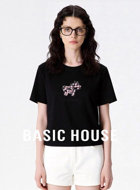 Basic House/百家好花朵刺绣圆领短袖T恤女春季新款宽松显瘦上衣