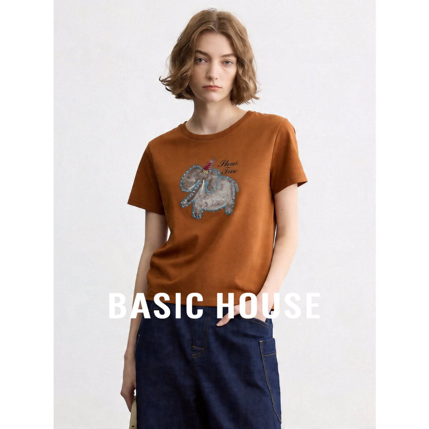Basic House/百家好橘黄显白正肩短袖T恤女夏季圆领宽松显瘦上衣