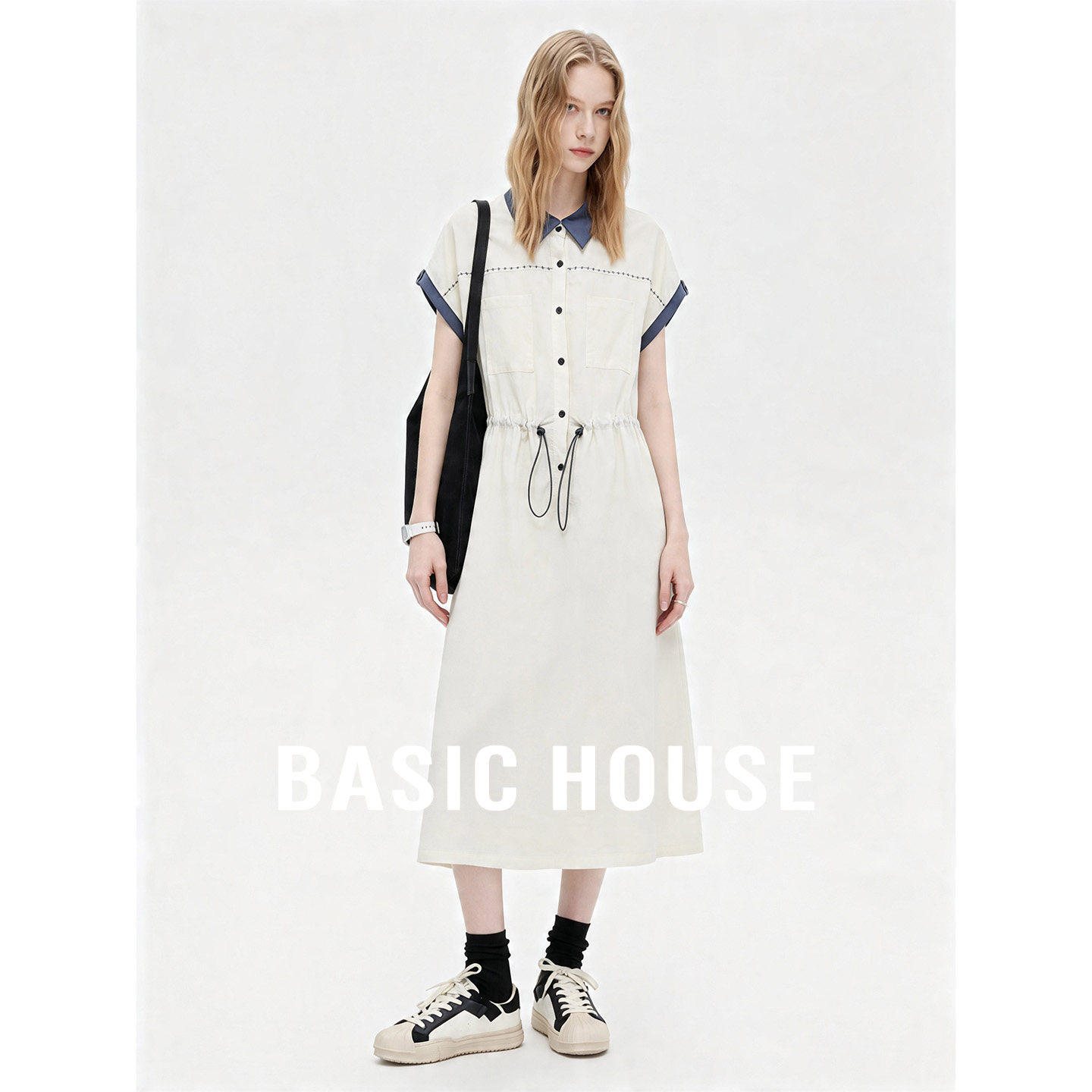 Basic House/百家好莱赛尔衬衫领连衣裙女夏学院风撞色裙收腰显瘦