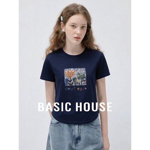 Basic House/百家好纯色弧形下摆显瘦短袖T恤女夏季百搭透气上衣