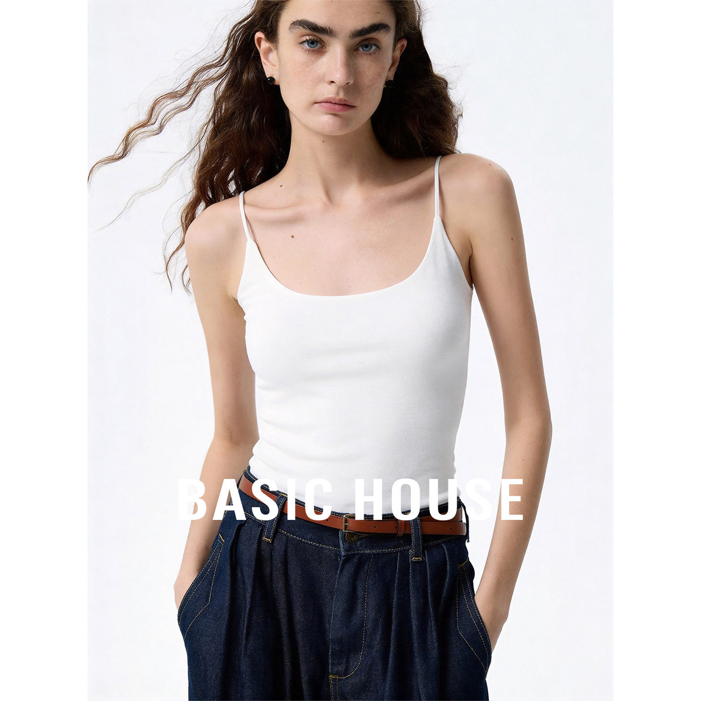 Basic House/百家好白色网纱拼接设计背心内搭女春季修身百搭吊带