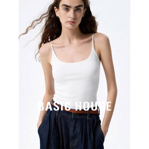 Basic House/百家好白色网纱拼接设计背心内搭女夏季修身百搭吊带
