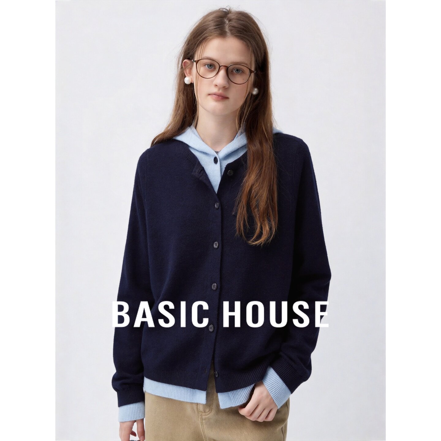 Basic House/百家好羊毛连帽假两件拼色宽松短款长袖女针织开衫秋