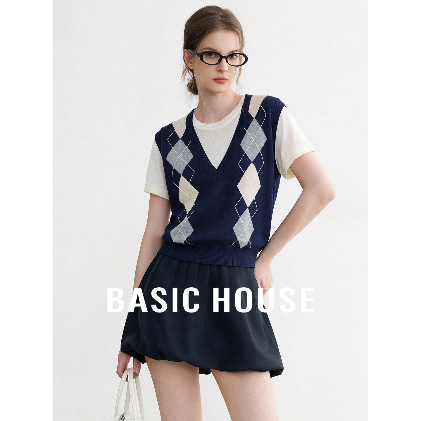 Basic House/百家好菱格背心拼接短袖学院风上衣女秋假两件针织衫